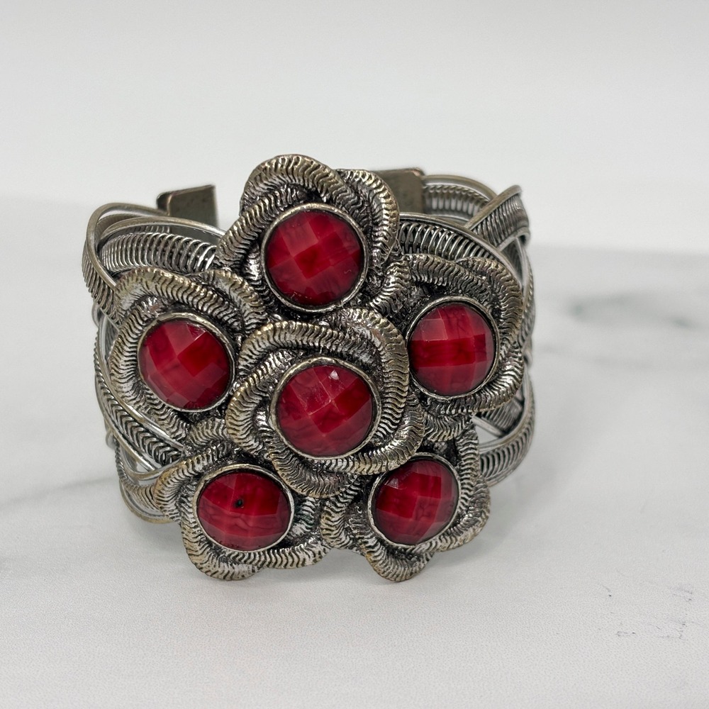 Vintage Silvertone Cuff Bracelet Red Glass Stones Boho Artesian Statement